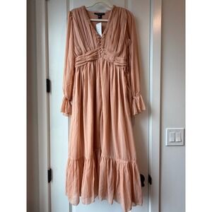 French Connection Alita Pleated Maxi Dress Women 8 Clay Cottagecore Boho NEW